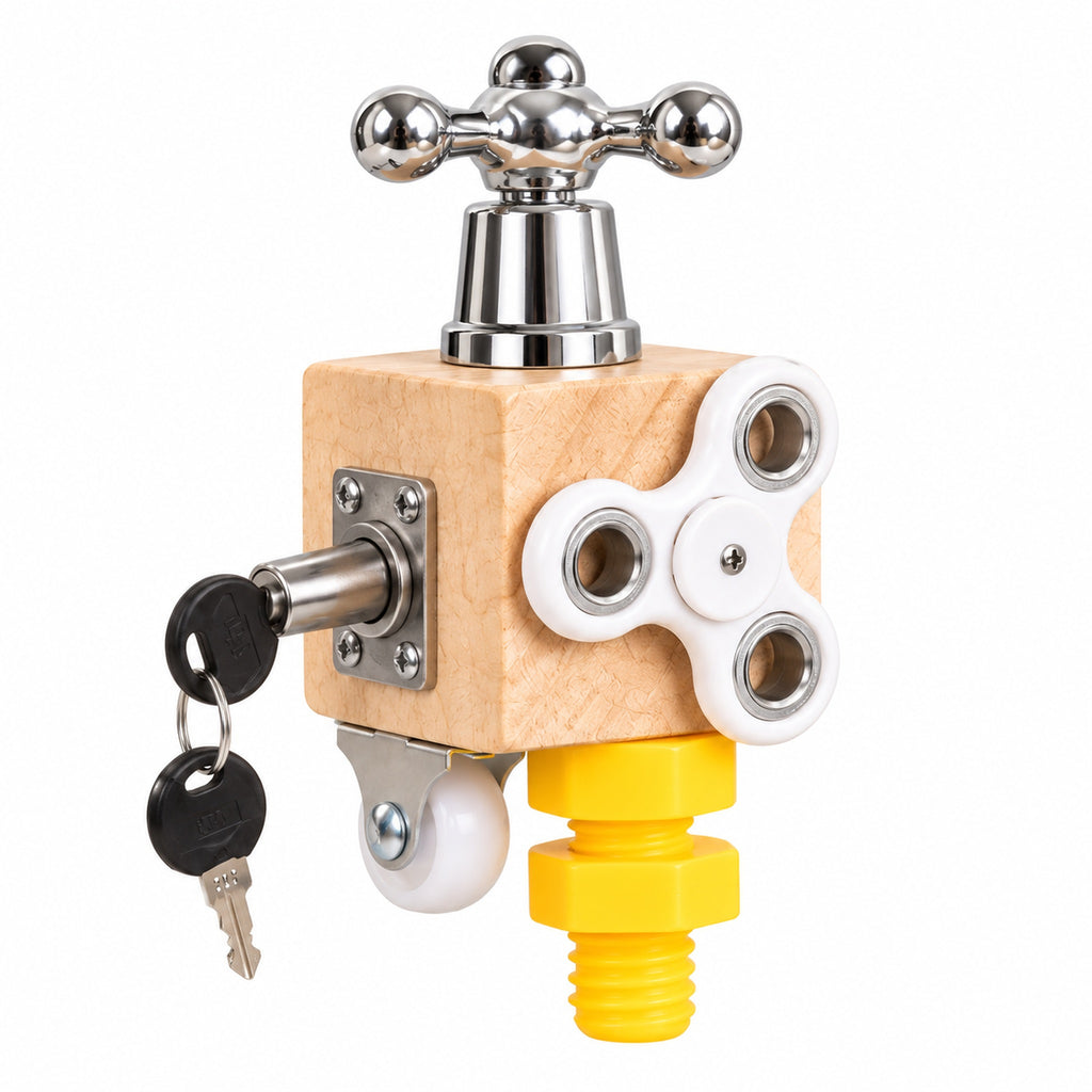 Tinker wooden busy cube with attached hardware on white