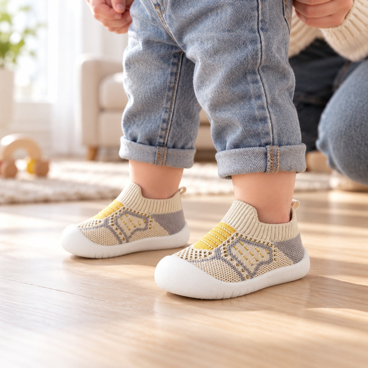 Khaki sock shoes worn by a toddler standing with parent support
