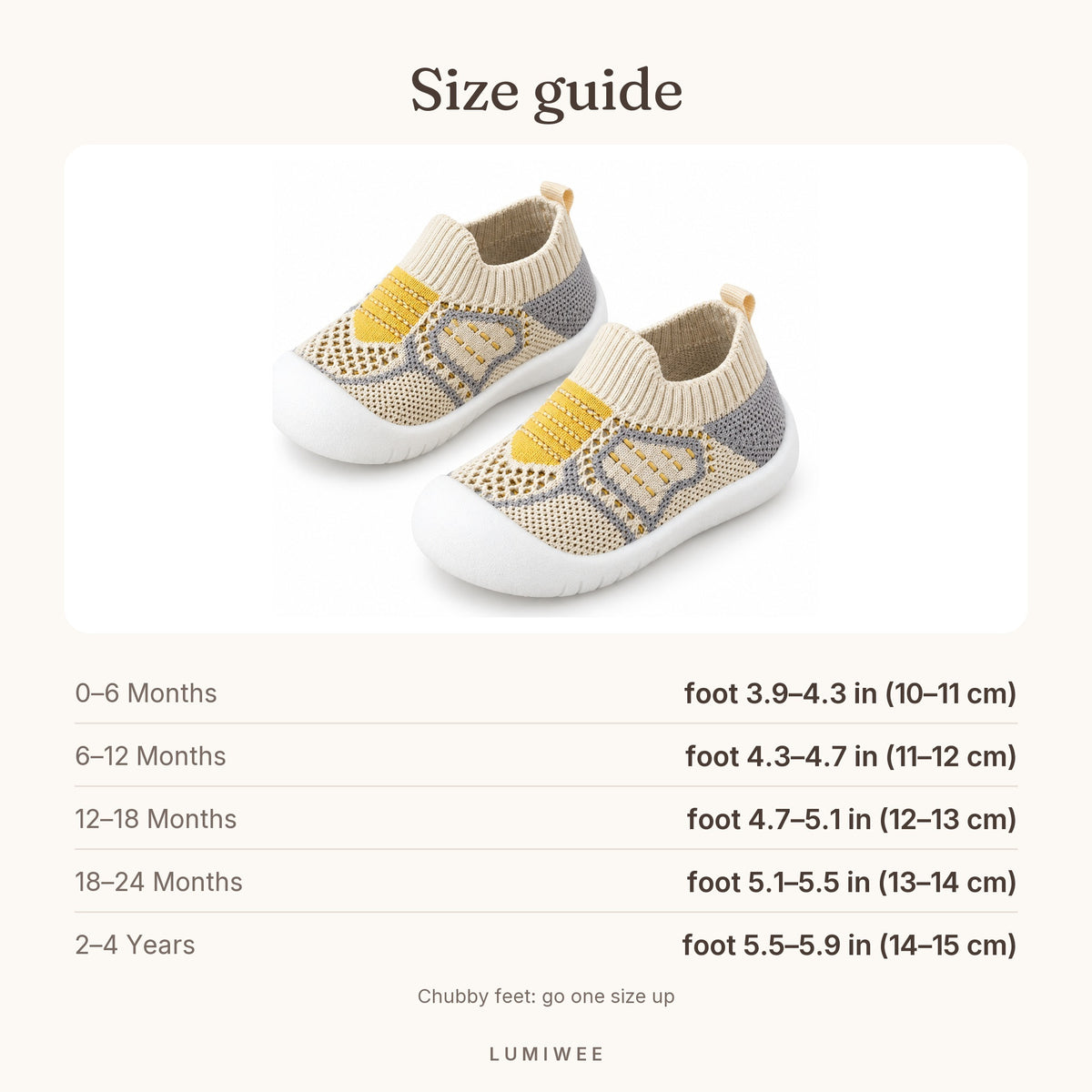 Lumiwee infographic: Toddle - Size guide
