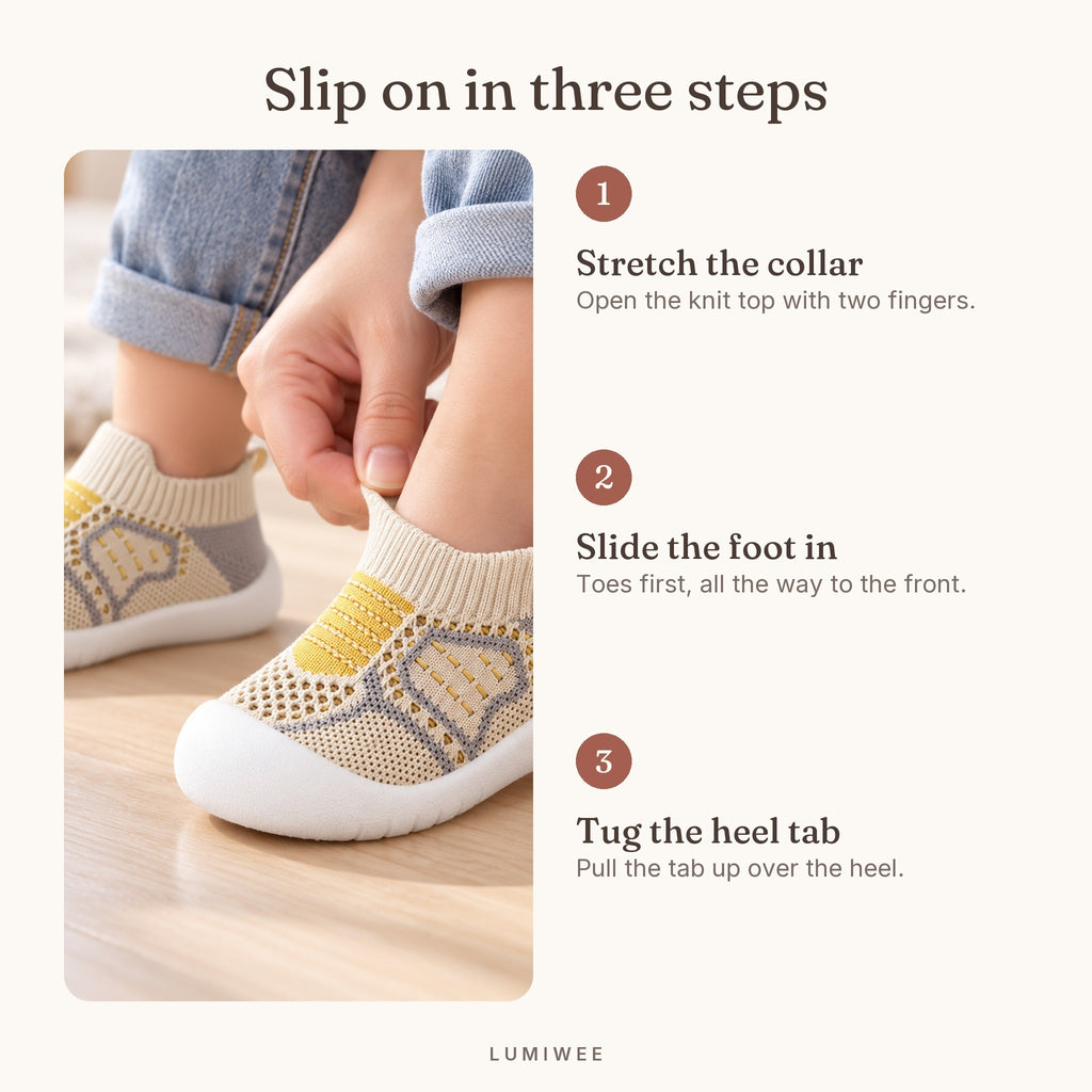 Lumiwee infographic: Toddle - Slip on in three steps