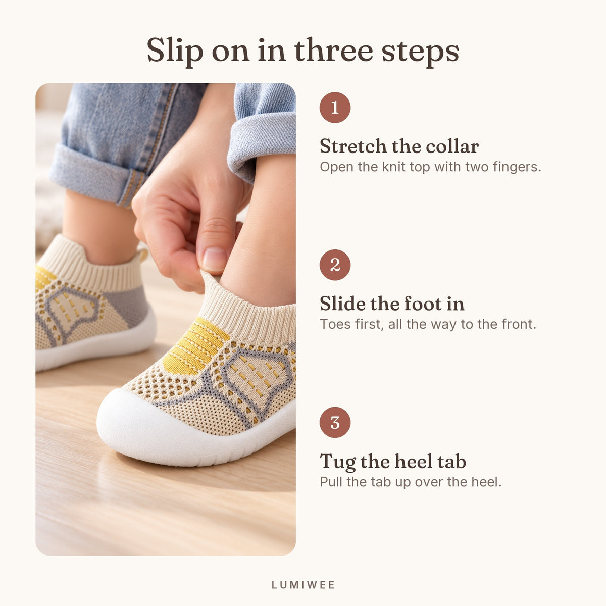 Lumiwee infographic: Toddle - Slip on in three steps