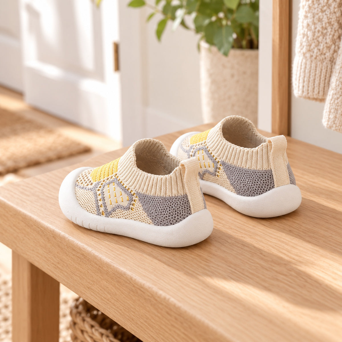 Khaki sock shoe pair viewed from behind on an entryway bench