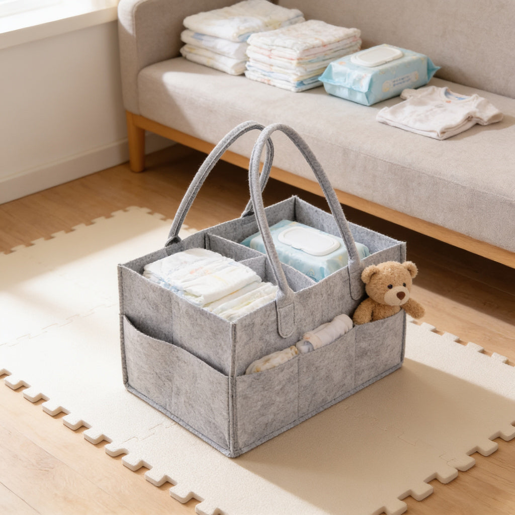 Lumiwee Tuck felt diaper caddy tote: grey felt diaper caddy stocked with diapers and wipes on a play mat