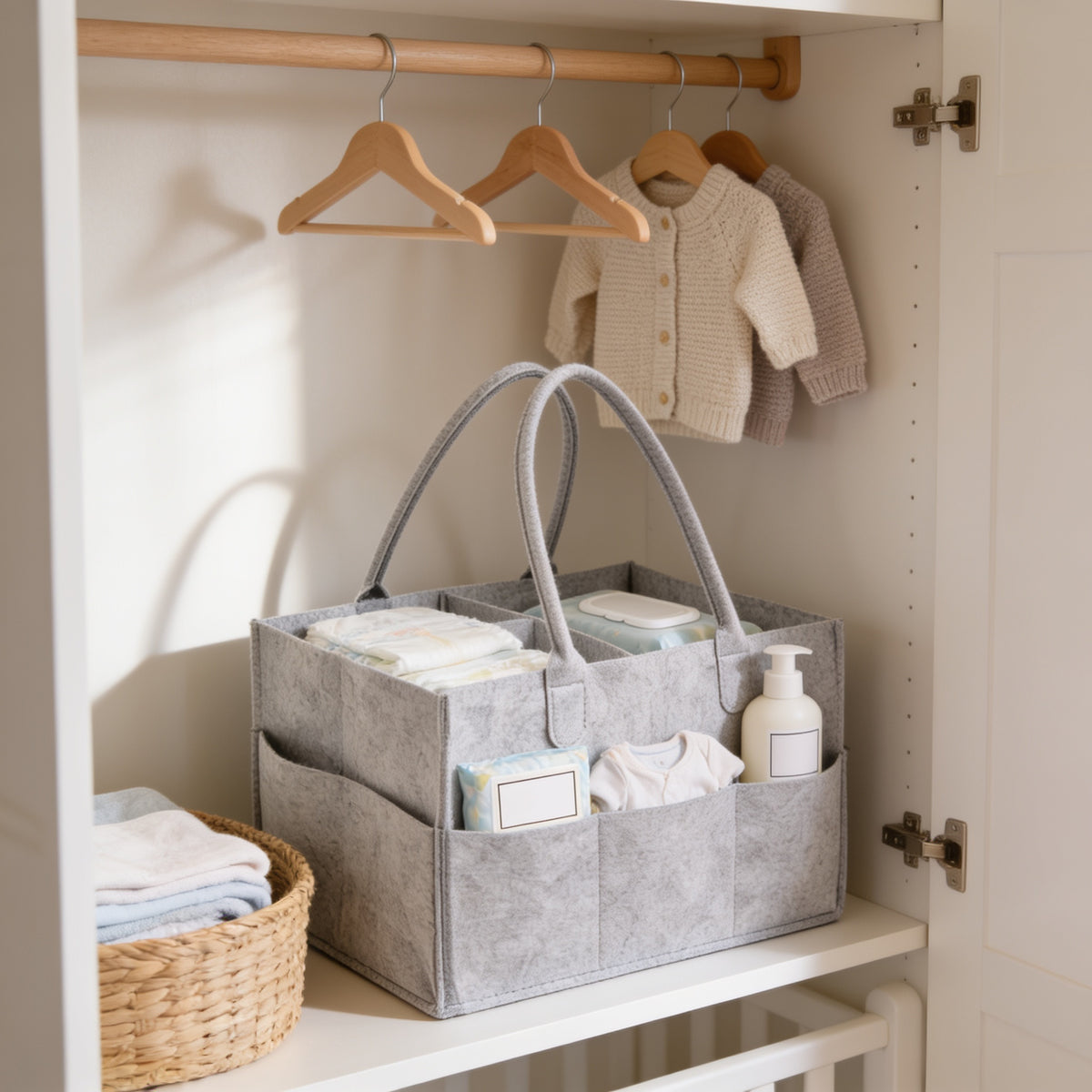 Lumiwee Tuck felt diaper caddy tote: stocked caddy on a nursery closet shelf
