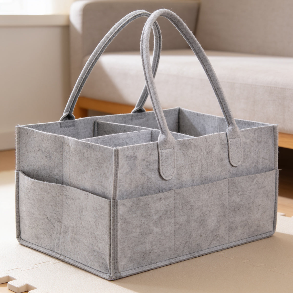 Lumiwee Tuck felt diaper caddy tote: empty caddy showing its dividers and side pockets