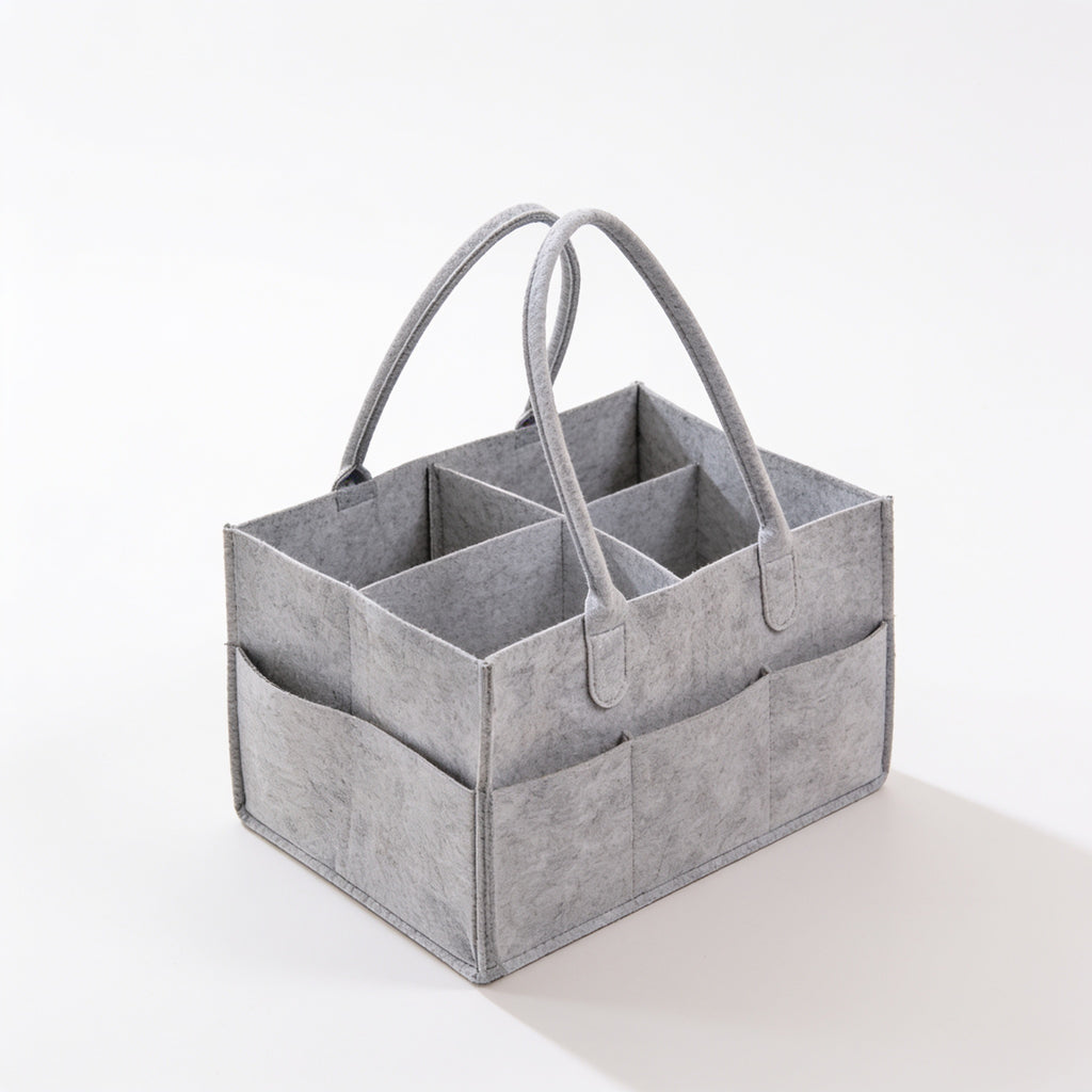 Lumiwee Tuck felt diaper caddy tote: grey felt diaper caddy on a white background
