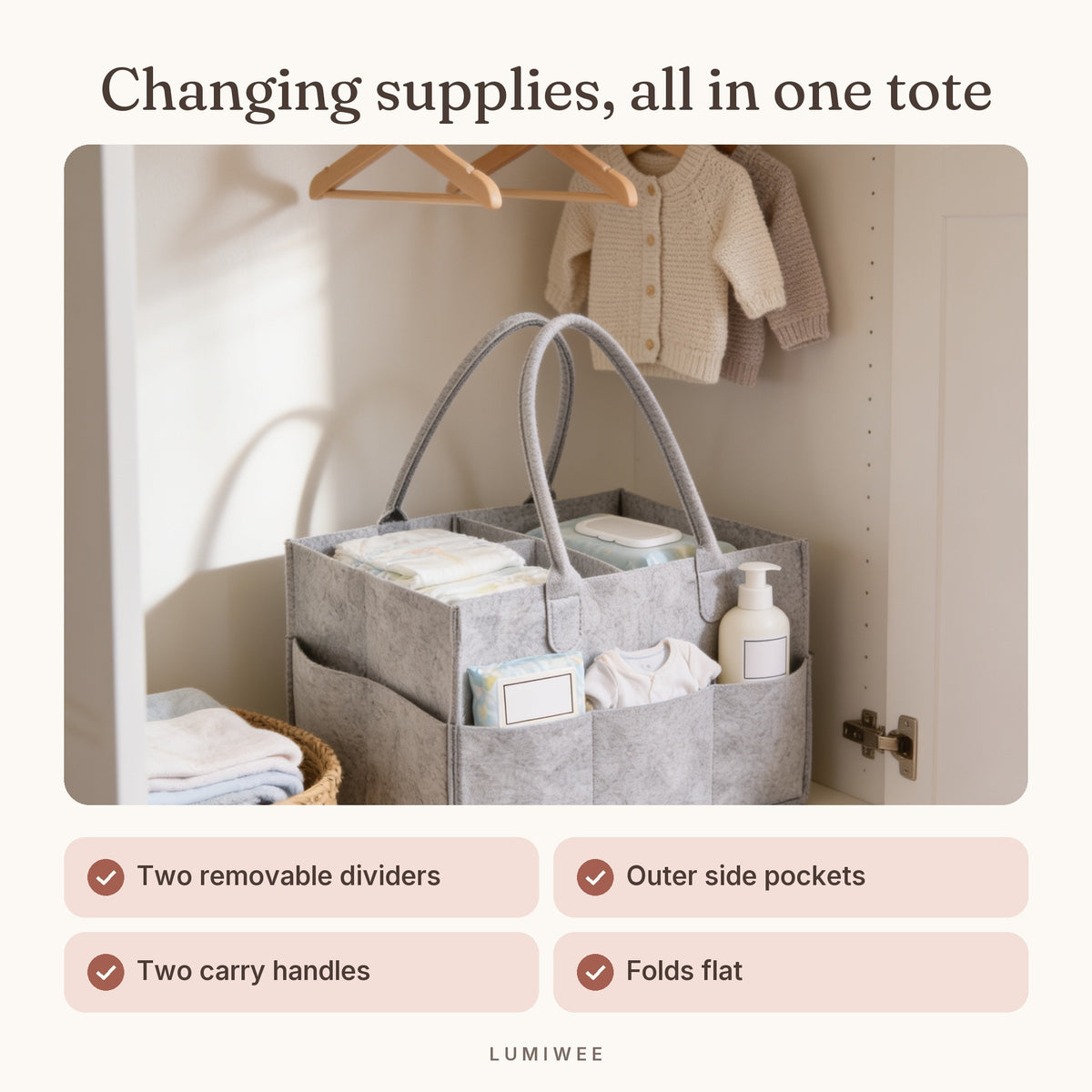 Lumiwee infographic: Tuck - Changing supplies, all in one tote