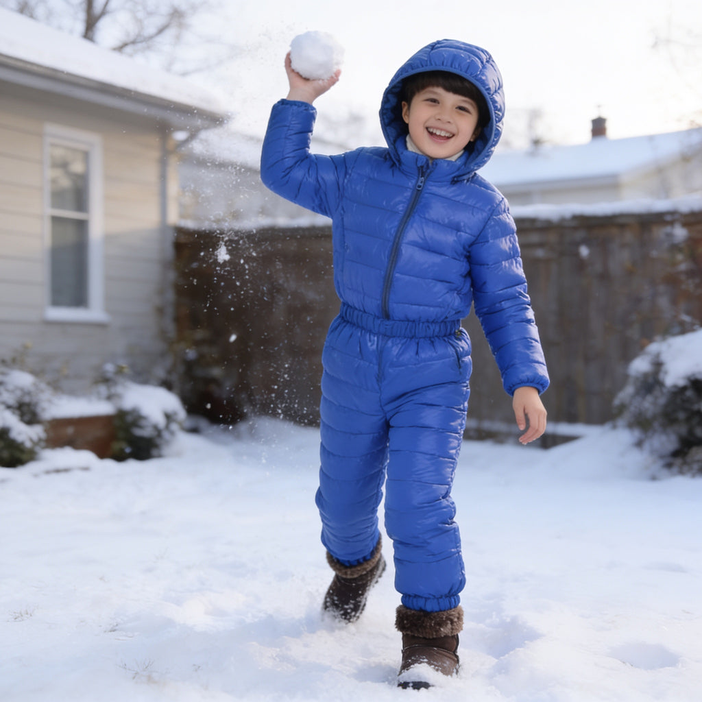 Lumiwee Tundra kids snowsuit set: child in the royal blue snowsuit set throwing a snowball