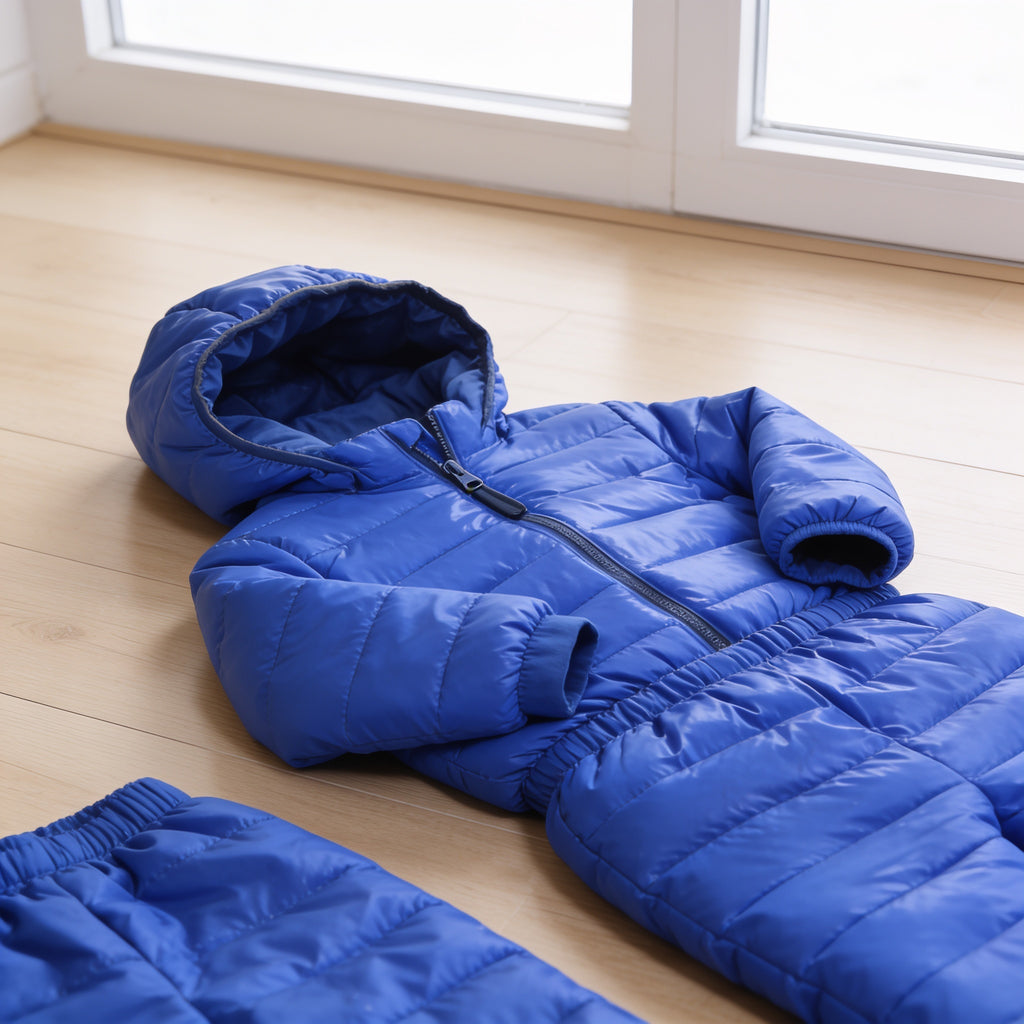 Lumiwee Tundra kids snowsuit set: close-up of the quilted baffles, hood and zipper