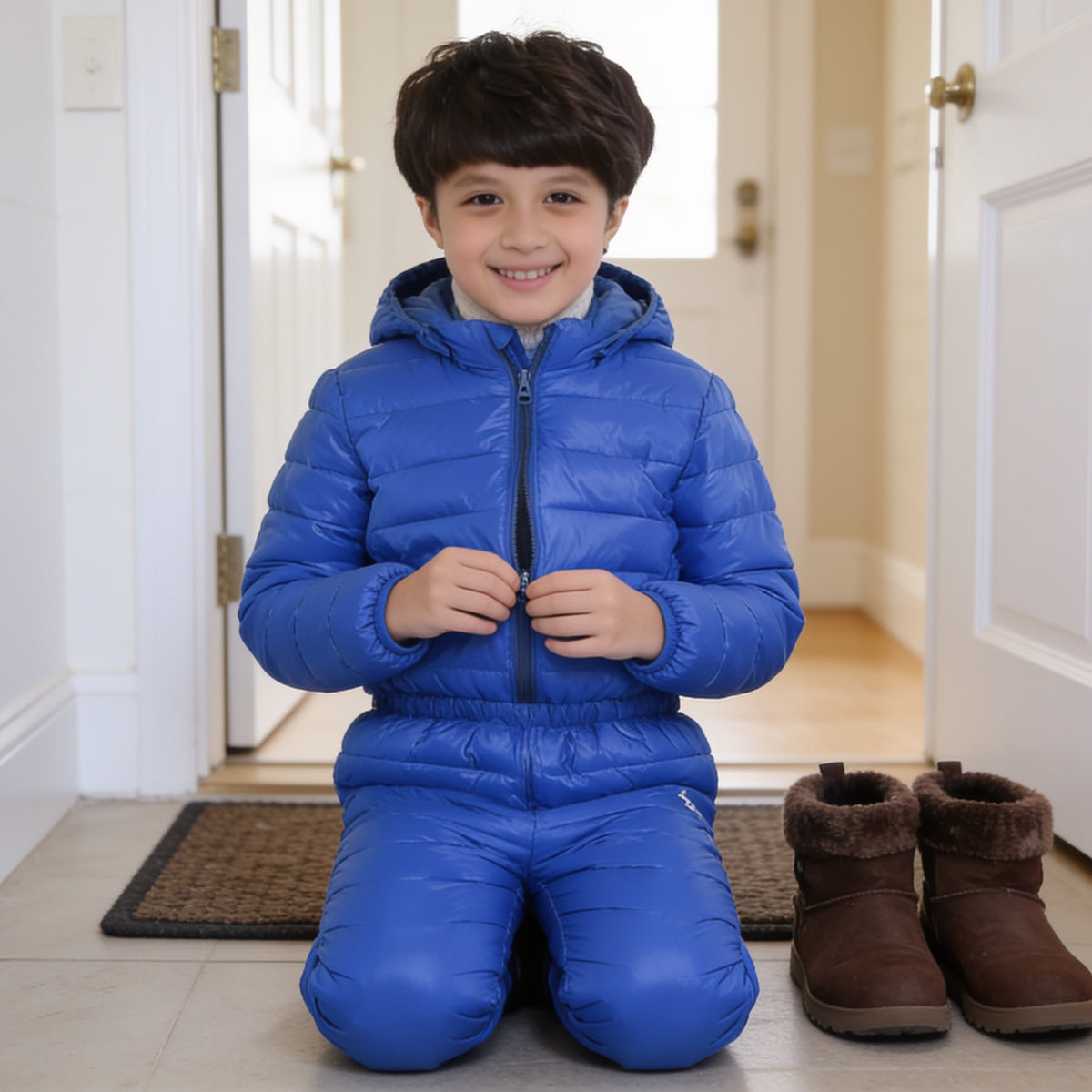 Lumiwee Tundra kids snowsuit set: child zipping up the jacket over the matching pants