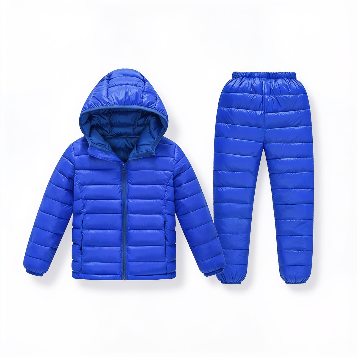Lumiwee Tundra kids snowsuit set: royal blue kids puffer jacket and pants set on a white background