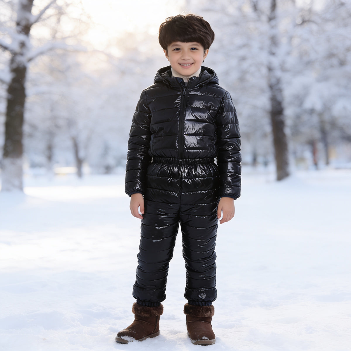 Lumiwee Tundra kids snowsuit set, Black option, in a bright room