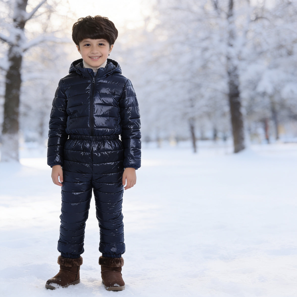 Lumiwee Tundra kids snowsuit set, Navy option, in a bright room