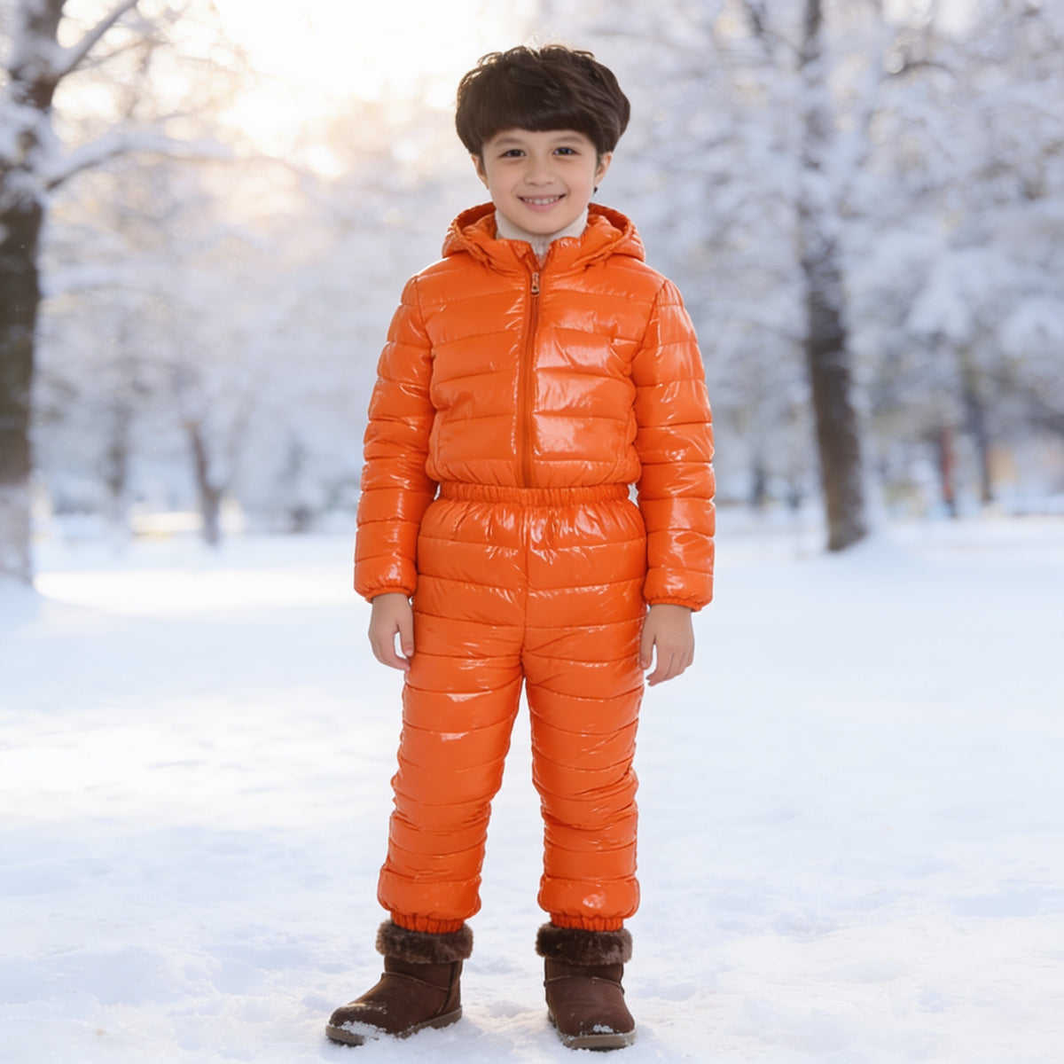 Lumiwee Tundra kids snowsuit set, Orange option, in a bright room