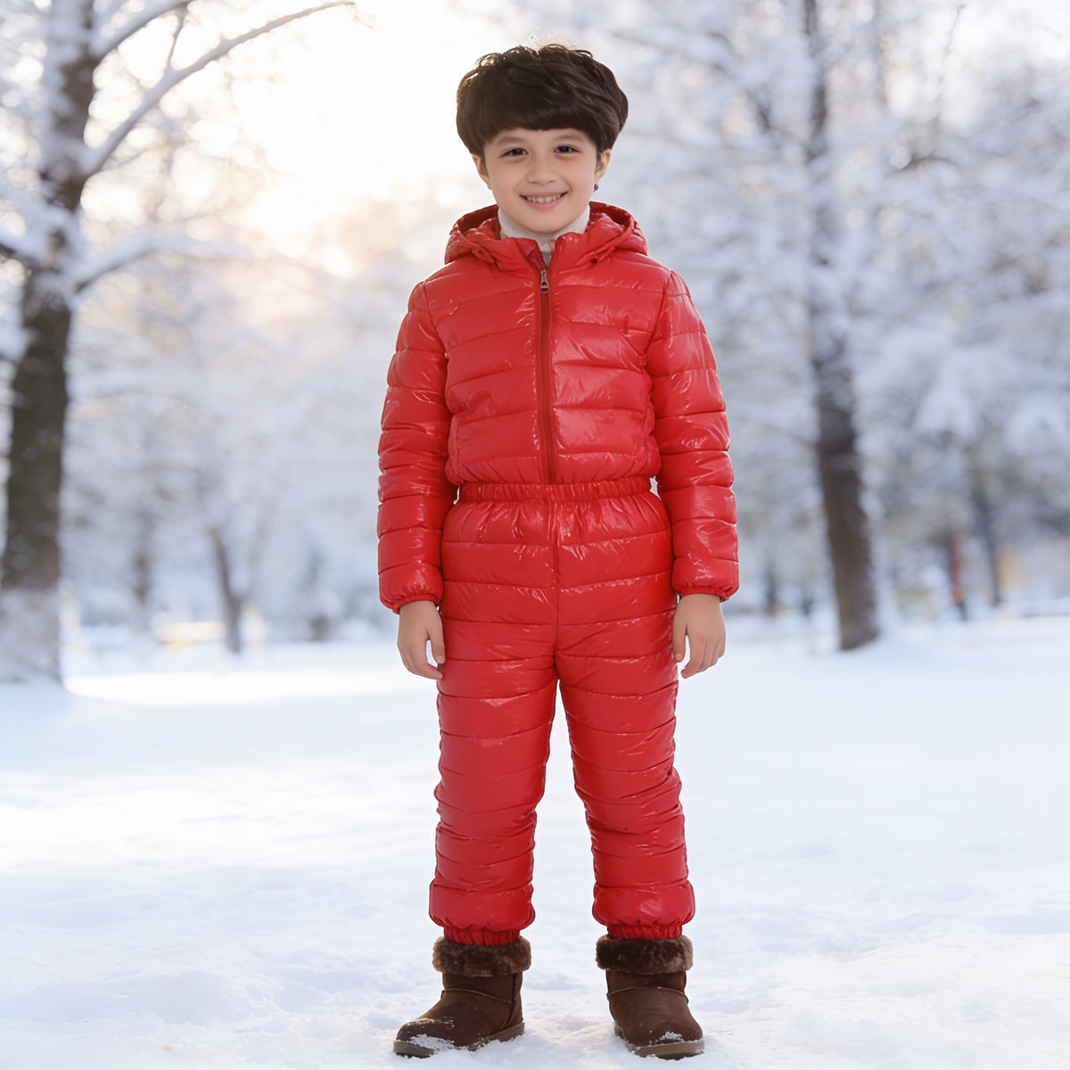 Lumiwee Tundra kids snowsuit set, Red option, in a bright room
