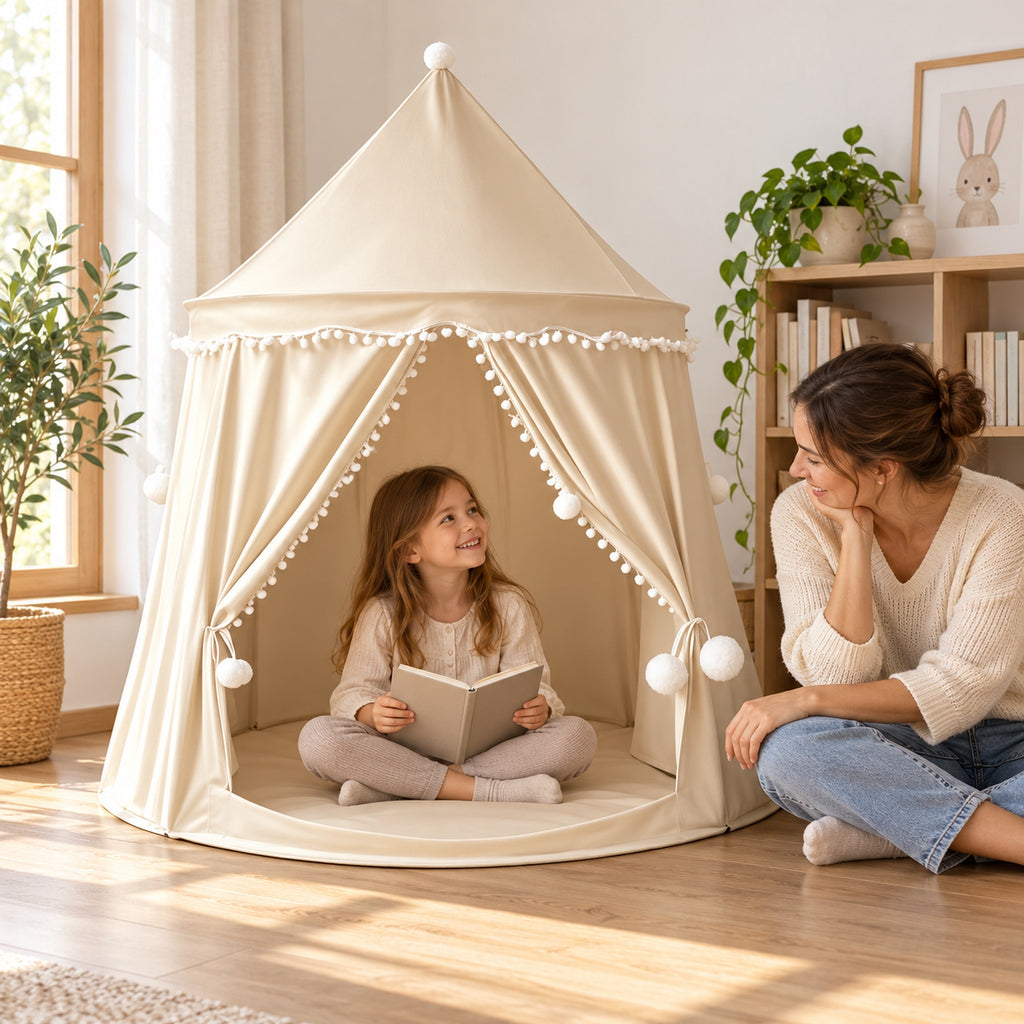 Beige castle play tent with an awake child reading and parent seated nearby