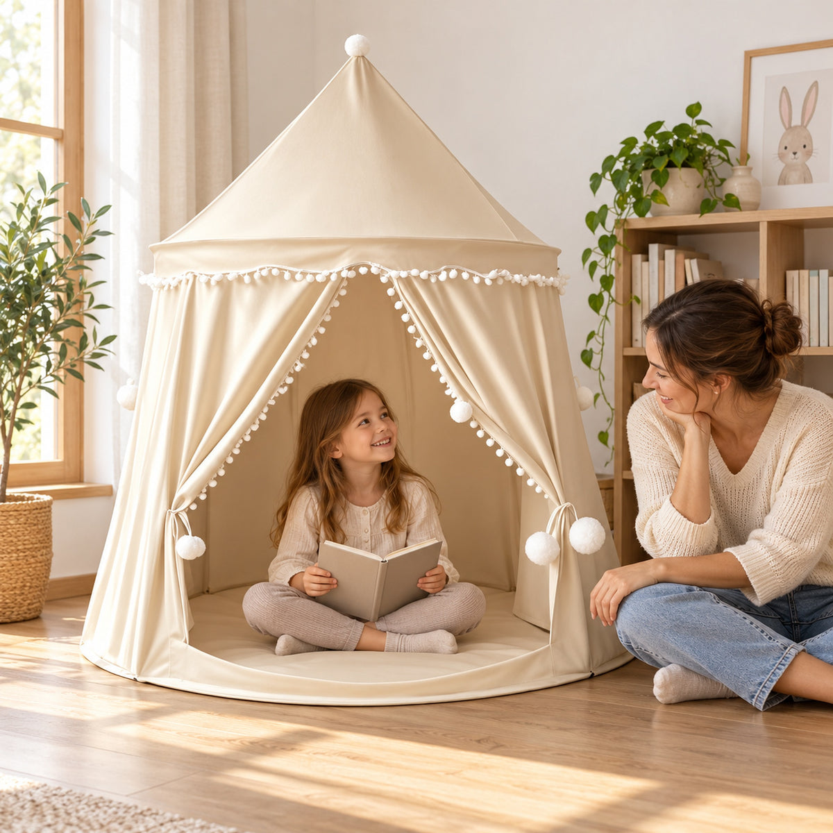 Beige castle play tent with an awake child reading and parent seated nearby