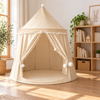 Empty beige castle tent in a sunlit playroom