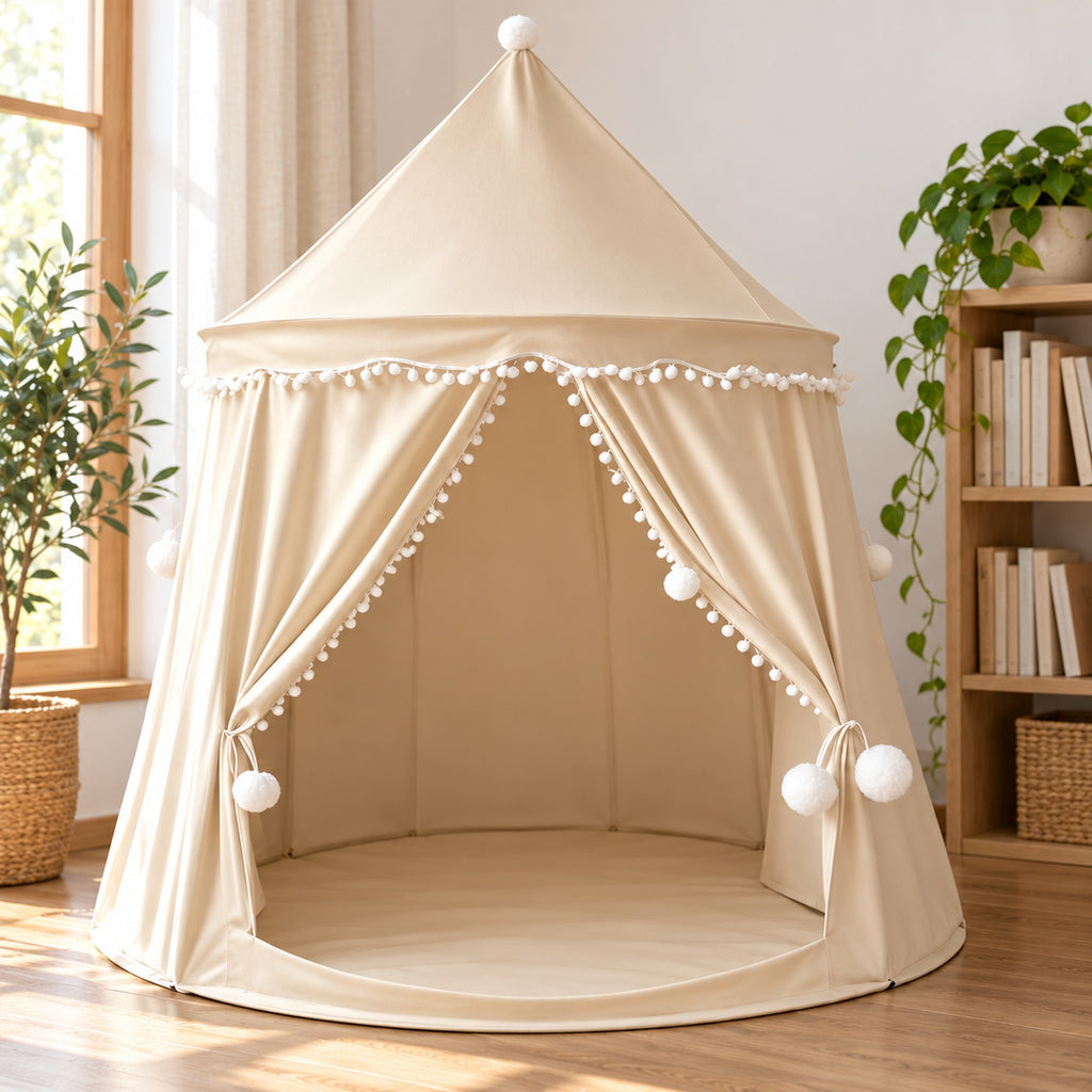 Beige castle tent showing fabric seams, white pom-pom trim and tied-back curtains