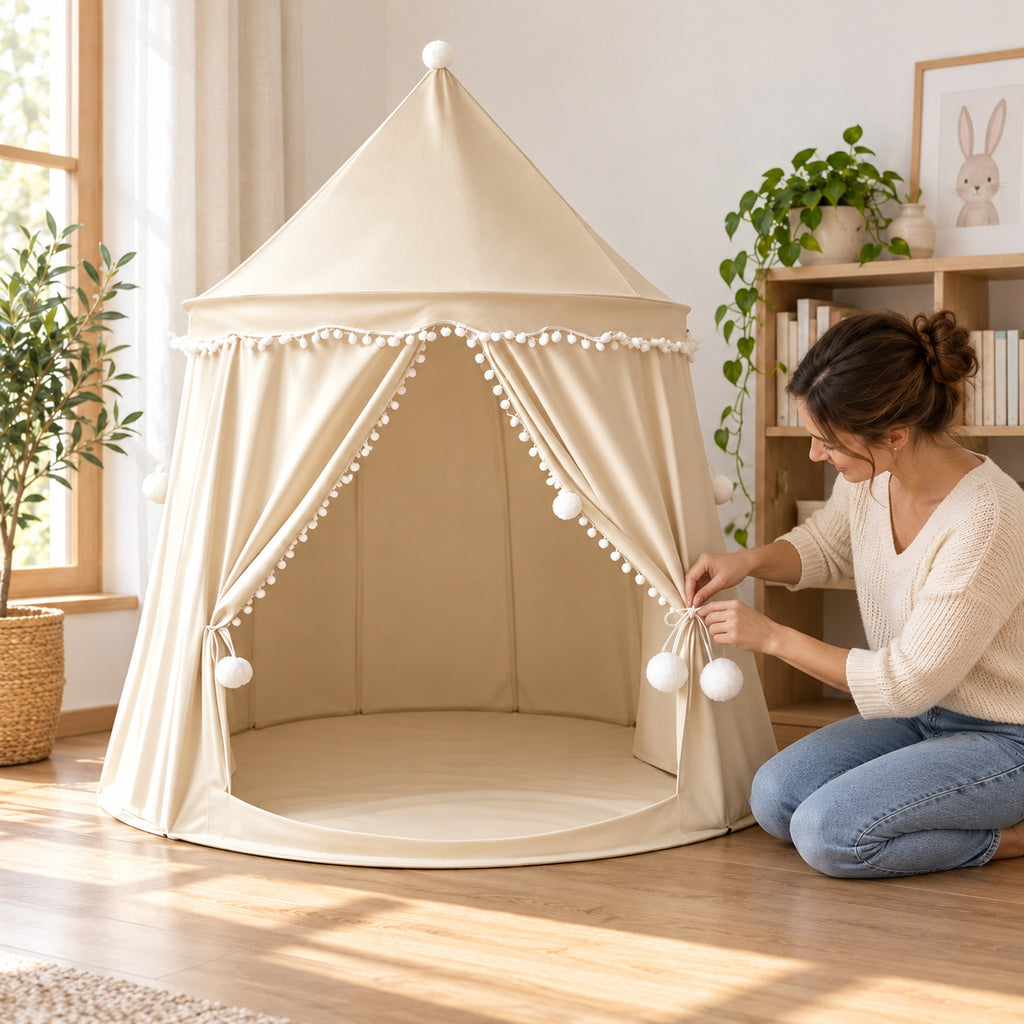 Adult tying the existing curtain tie-back on a beige castle tent
