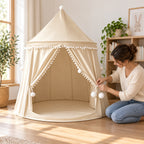 Adult tying the existing curtain tie-back on a beige castle tent
