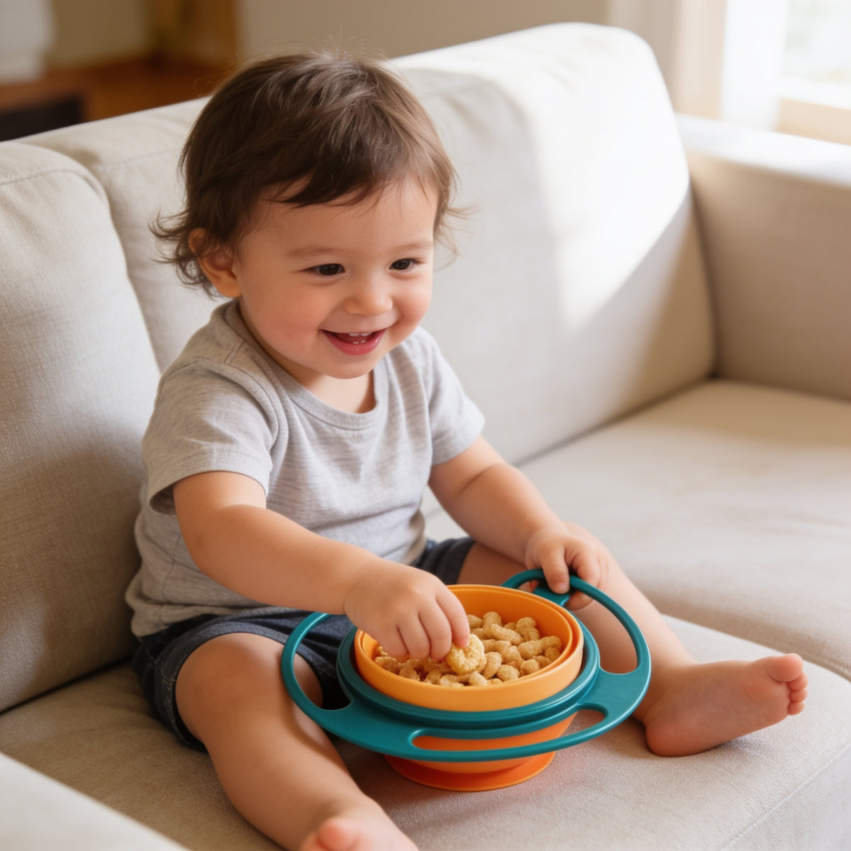 Lumiwee Twirl 360 rotating baby bowl: toddler snacking from the bowl on the sofa
