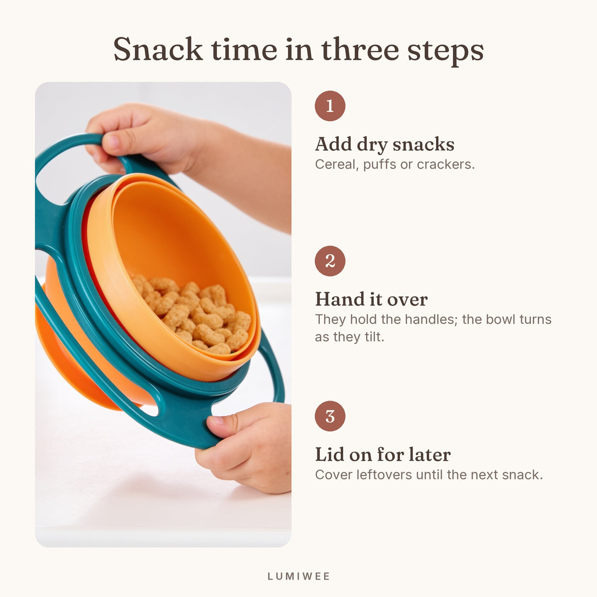 Lumiwee infographic: Twirl - Snack time in three steps