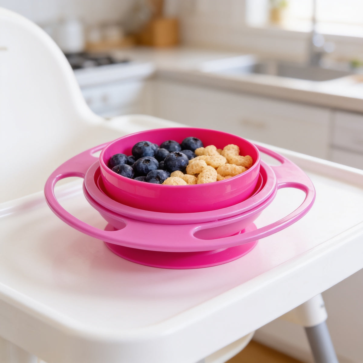 Lumiwee Twirl 360 rotating baby bowl, Hot Pink option, in a bright room