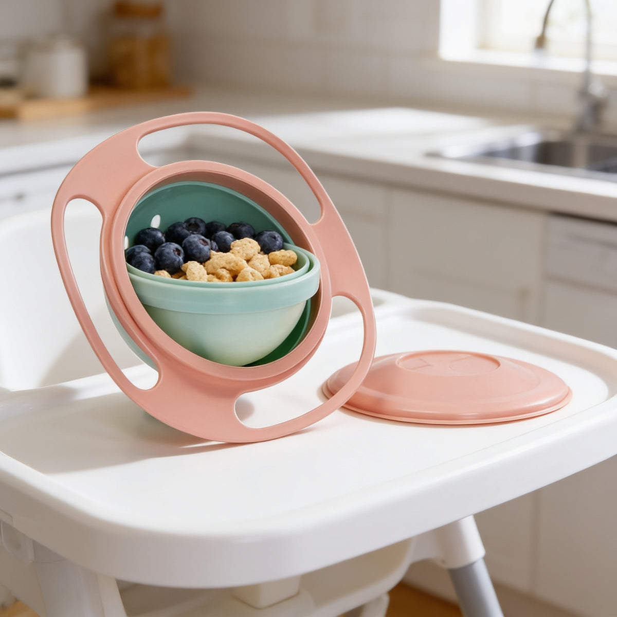 Lumiwee Twirl 360 rotating baby bowl, Peach option, in a bright room