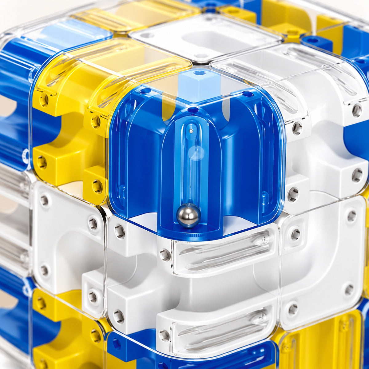Close view of the Blue maze tracks and enclosed steel ball