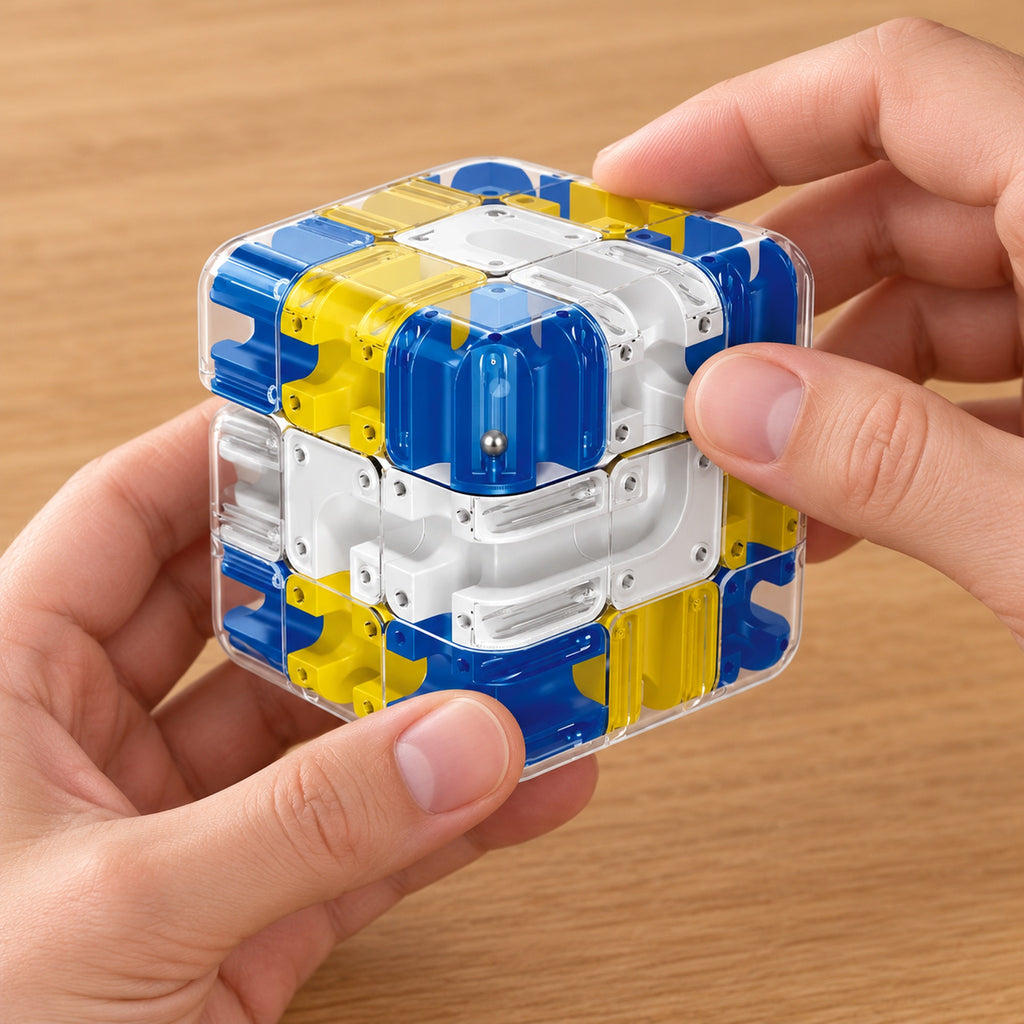 Adult hands partially turning a layer of the Blue maze cube