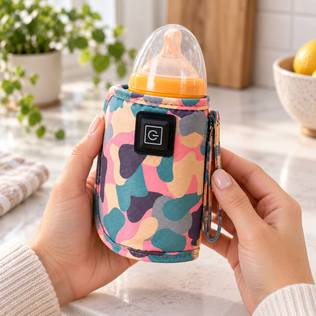 Adult holding the unplugged Pink warmer at a kitchen counter