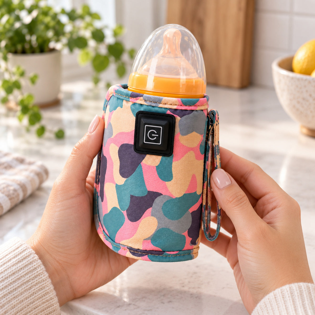 Adult holding the unplugged Pink warmer at a kitchen counter