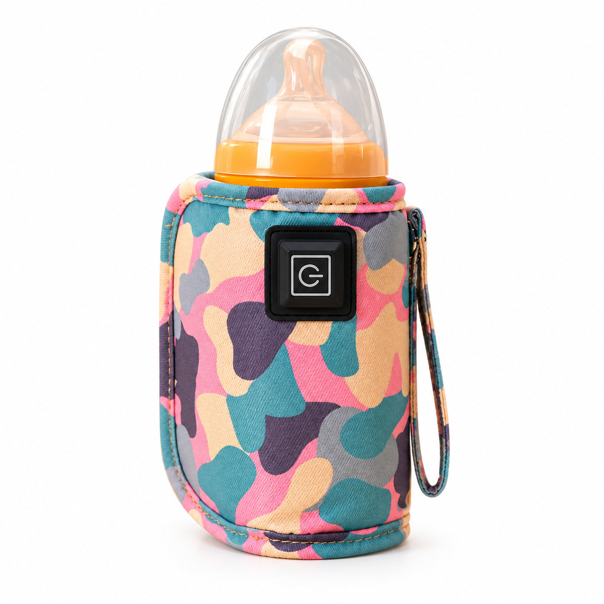 Pink warmer around a capped bottle on a white background