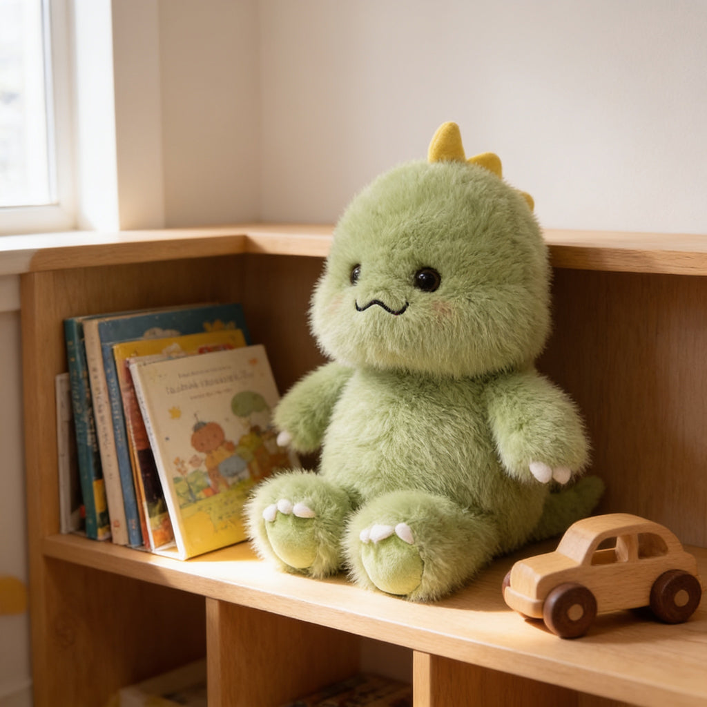 Lumiwee Waddle animal plush: green dinosaur plush on a playroom bookshelf