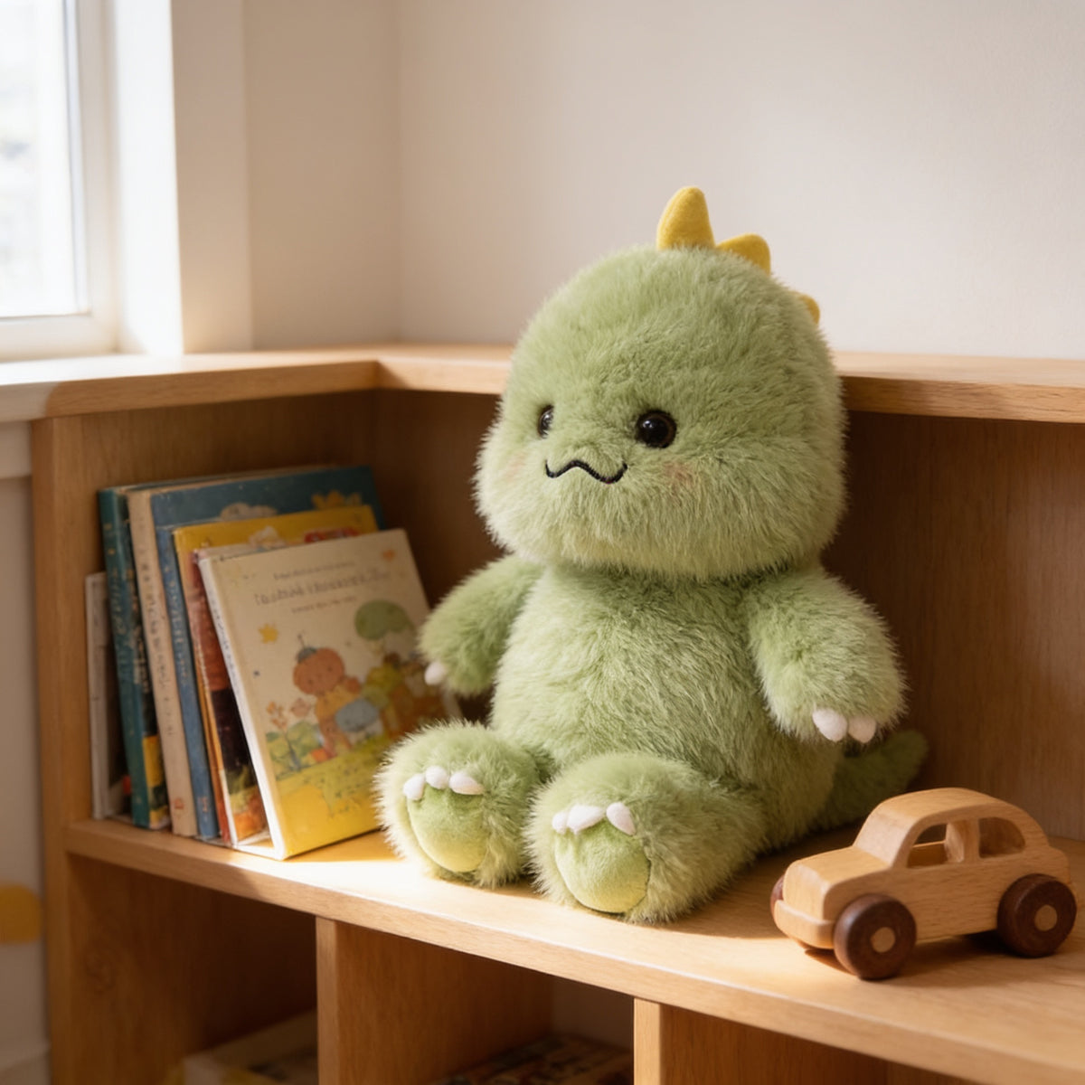 Lumiwee Waddle animal plush: green dinosaur plush on a playroom bookshelf