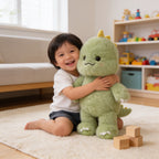 Lumiwee Waddle animal plush: child hugging the green dinosaur plush