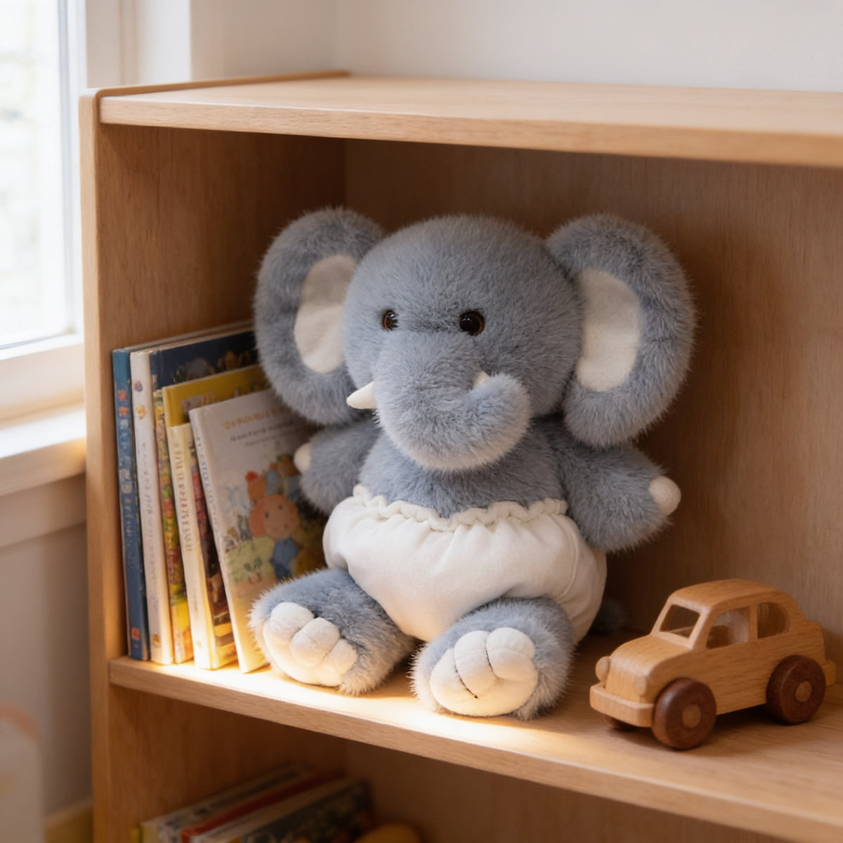 Lumiwee Waddle animal plush, Elephant – With Diaper option, in a bright room