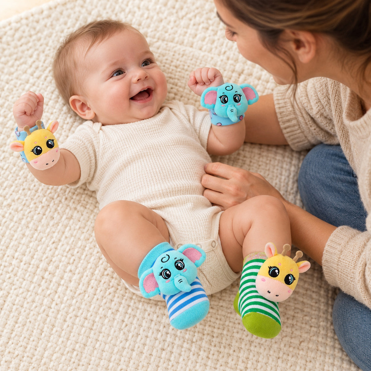 Awake baby wearing Giraffe and Elephant wrist rattles and foot-finder socks beside a parent on a floor play mat