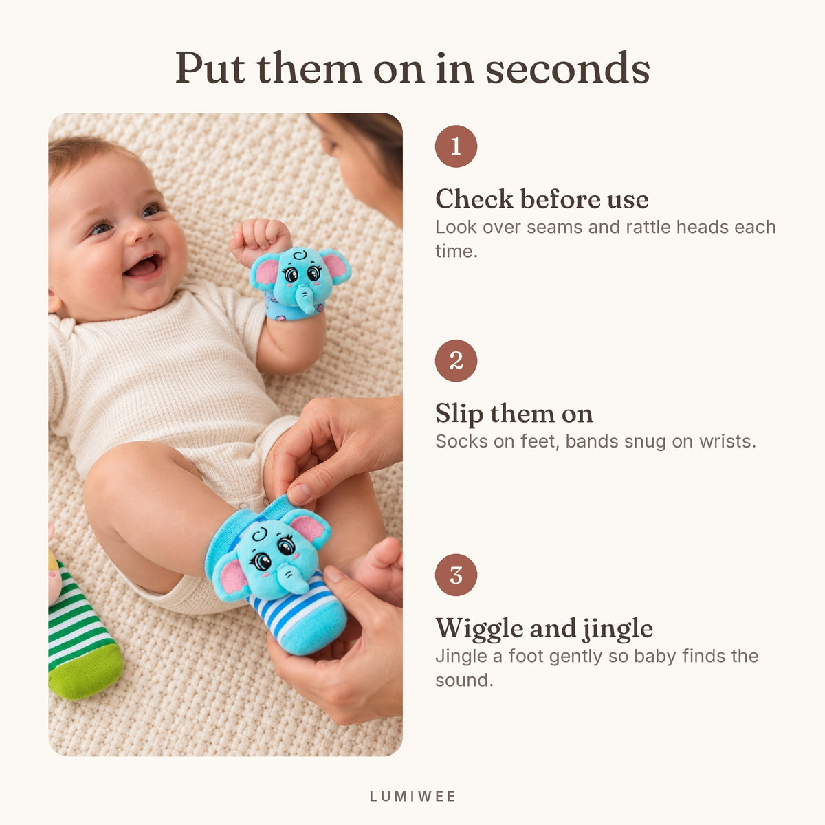 Lumiwee infographic: Wiggle - Put them on in seconds