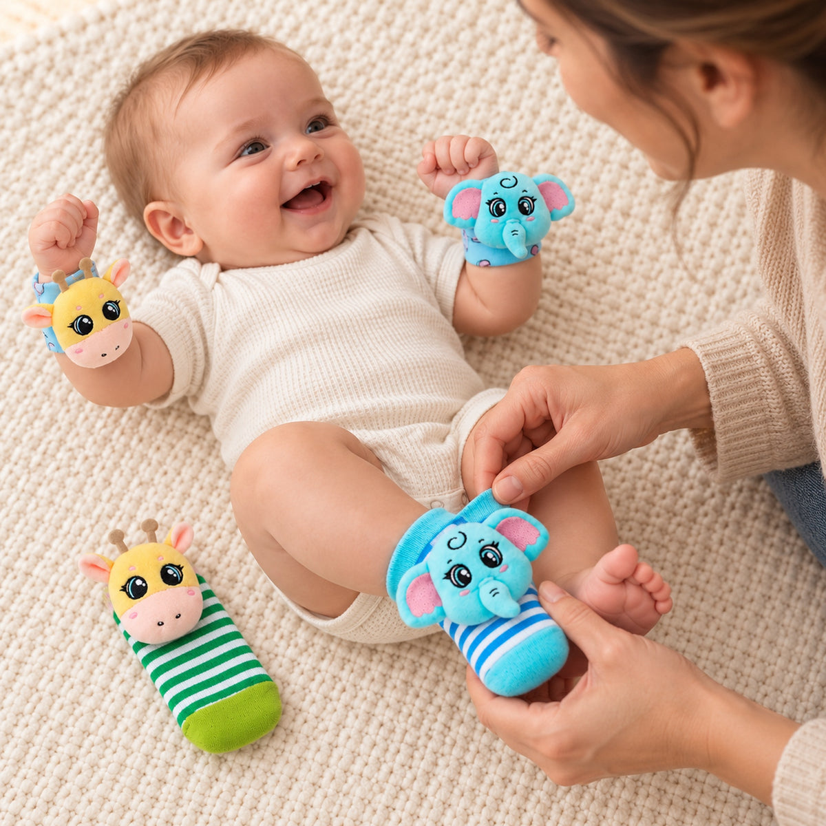 Adult slipping the blue striped elephant foot-finder sock onto an awake baby's foot