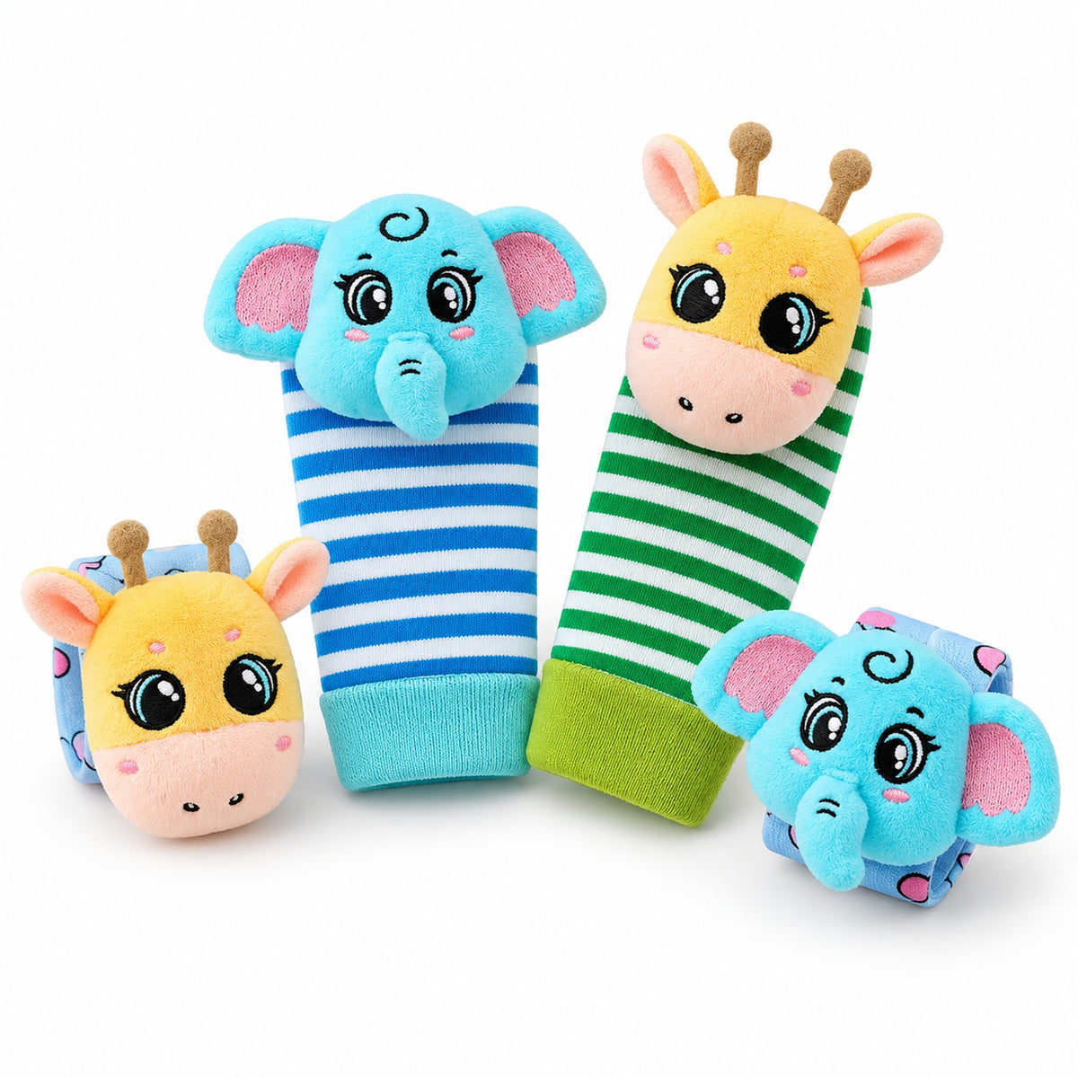 Giraffe and Elephant four-piece rattle set on a white background