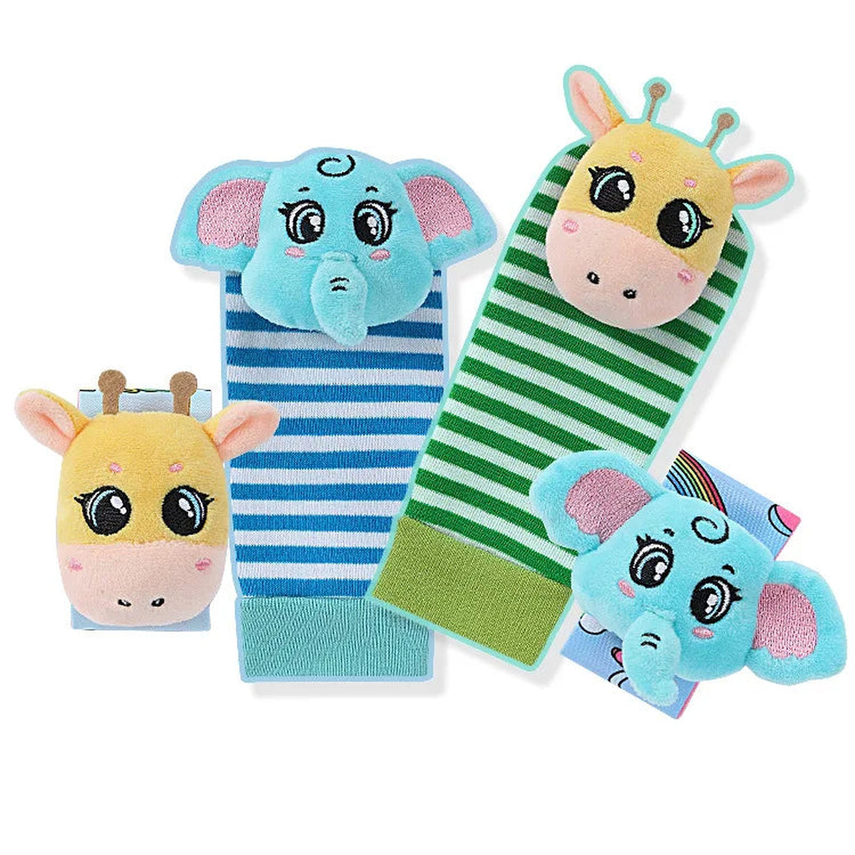 Lumiwee Wiggle Wrist Rattles & Foot Finder Socks, 4 Pcs Set, Giraffe & Elephant option