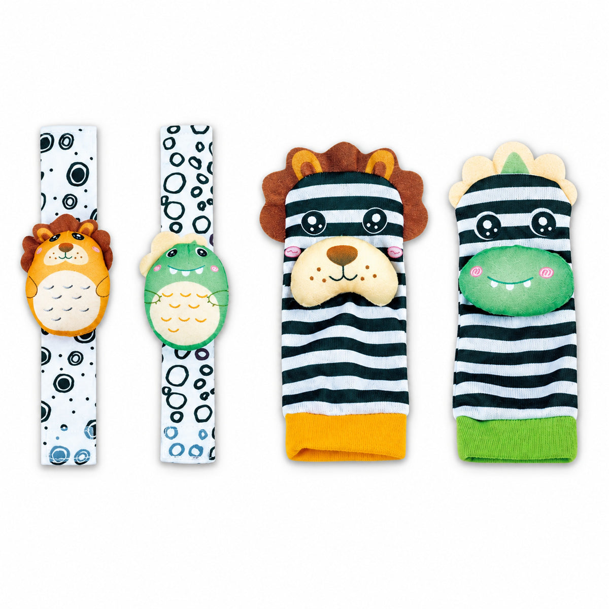 Lumiwee Wiggle Wrist Rattles & Foot Finder Socks, 4 Pcs Set, Lion & Frog option