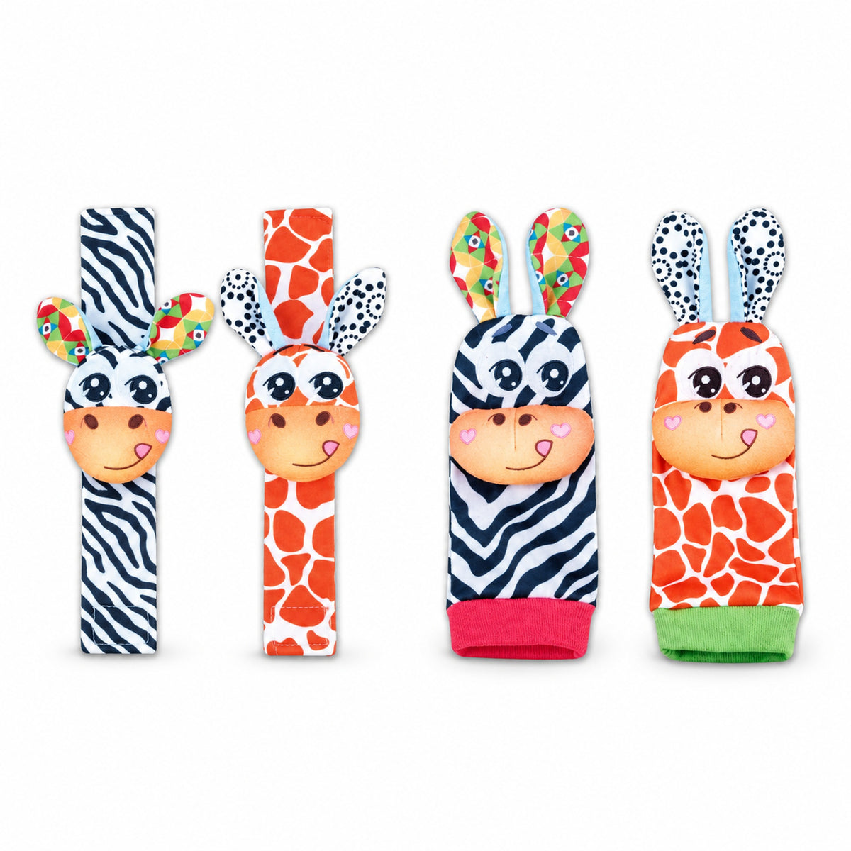 Lumiwee Wiggle Wrist Rattles & Foot Finder Socks, 4 Pcs Set, Zebra & Giraffe option
