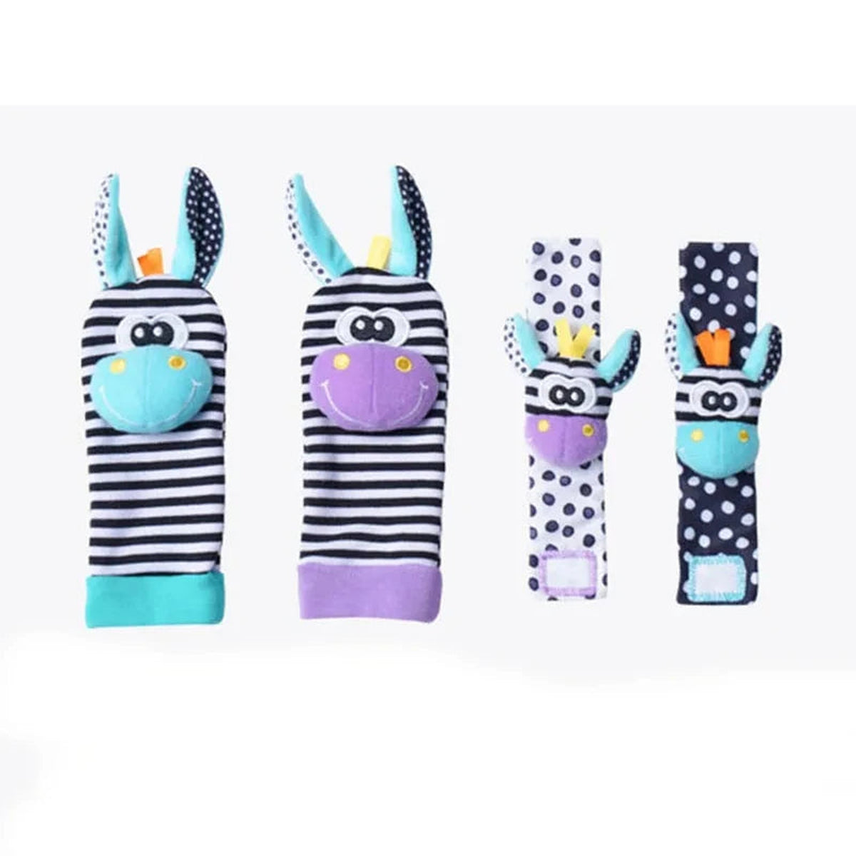 Lumiwee Wiggle Wrist Rattles & Foot Finder Socks, 4 Pcs Set, Blue & Purple Zebras option