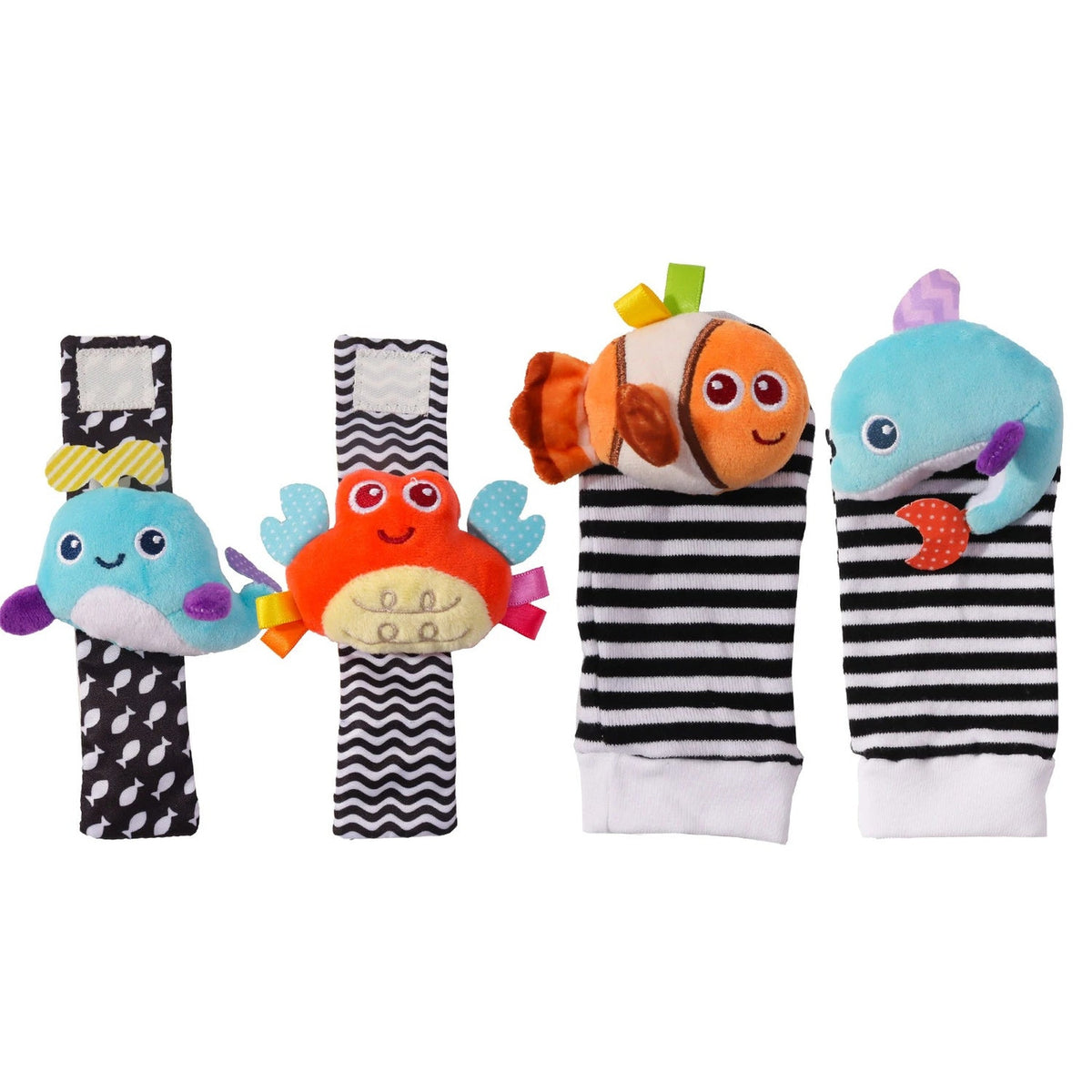 Lumiwee Wiggle Wrist Rattles & Foot Finder Socks, 4 Pcs Set, Sea Friends Black & White option