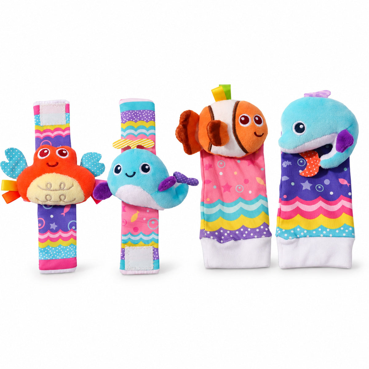 Lumiwee Wiggle Wrist Rattles & Foot Finder Socks, 4 Pcs Set, Sea Friends Rainbow option