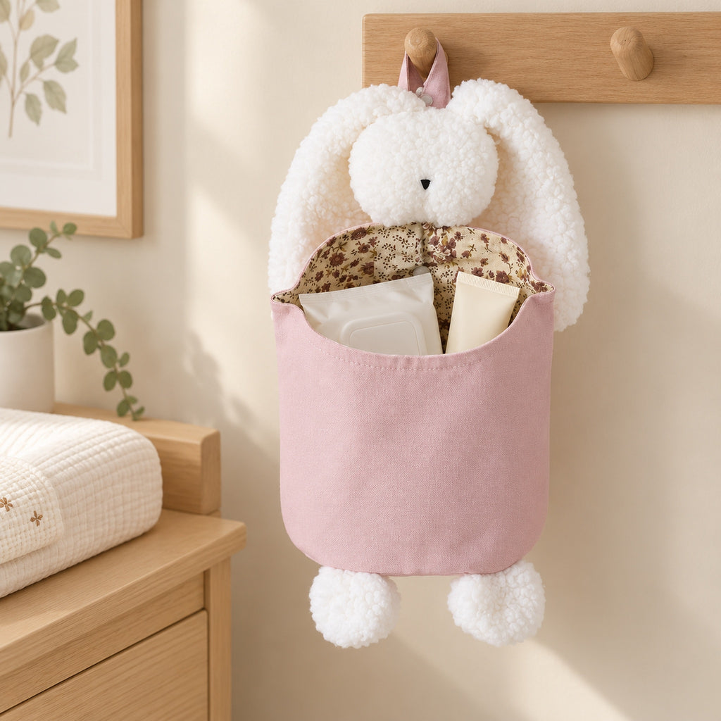 Pink and White Bunny diaper caddy holding wipes and cream on a wall hook beside a changing dresser