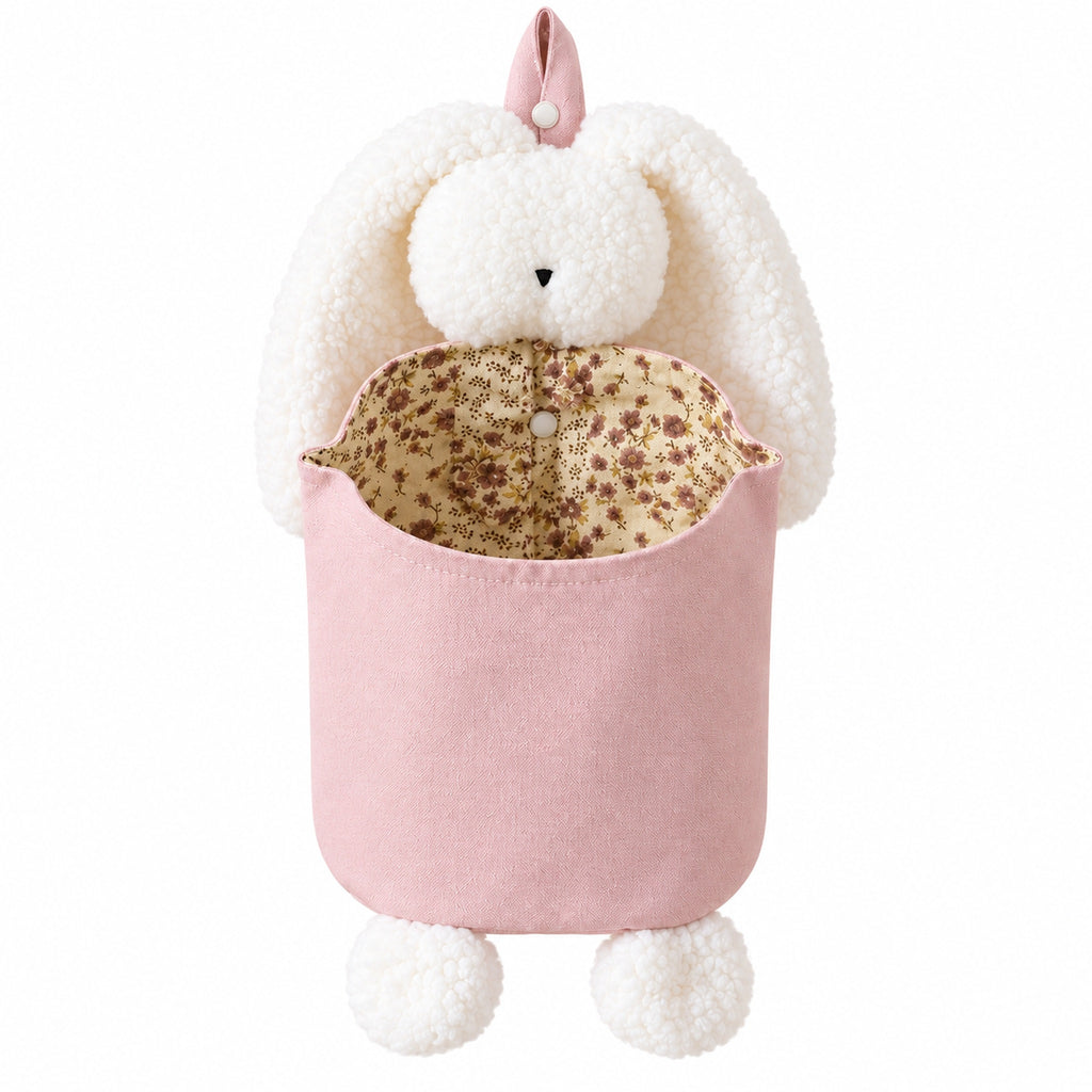Pink and White Bunny hanging diaper organizer on a white background